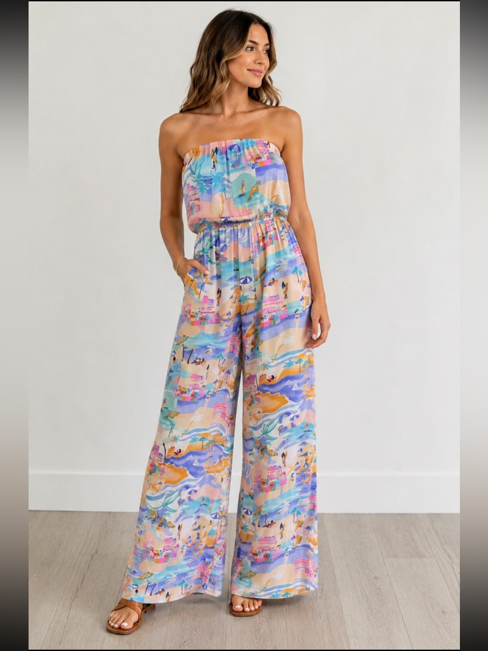 NWT Free Destinations Strapless Palazzo Beach AOP Flowy Vacation Pastel XL